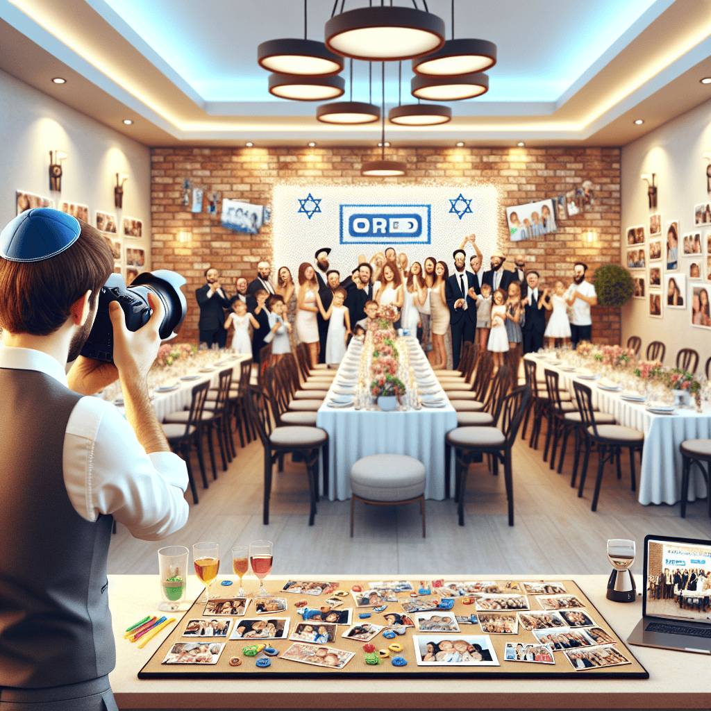 צלם מגנטים מקצועי מצלם אורחים בברית מילה, כשברקע לוח מגנטים צבעוני עם תמונות מהאירוע, באולם אירועים בירושלים. צילום איכותי המתעד מזכרת ייחודית ומחירים משתלמים לצילום מגנטים לברית.