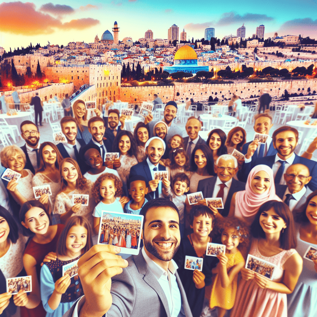 קבוצת אורחים מחייכת באירוע בירושלים כאשר הם מחזיקים מגנטים מצולמים, עם נוף של העיר העתיקה ברקע – צילום מגנטים לאירועים מכל סוג בירושלים