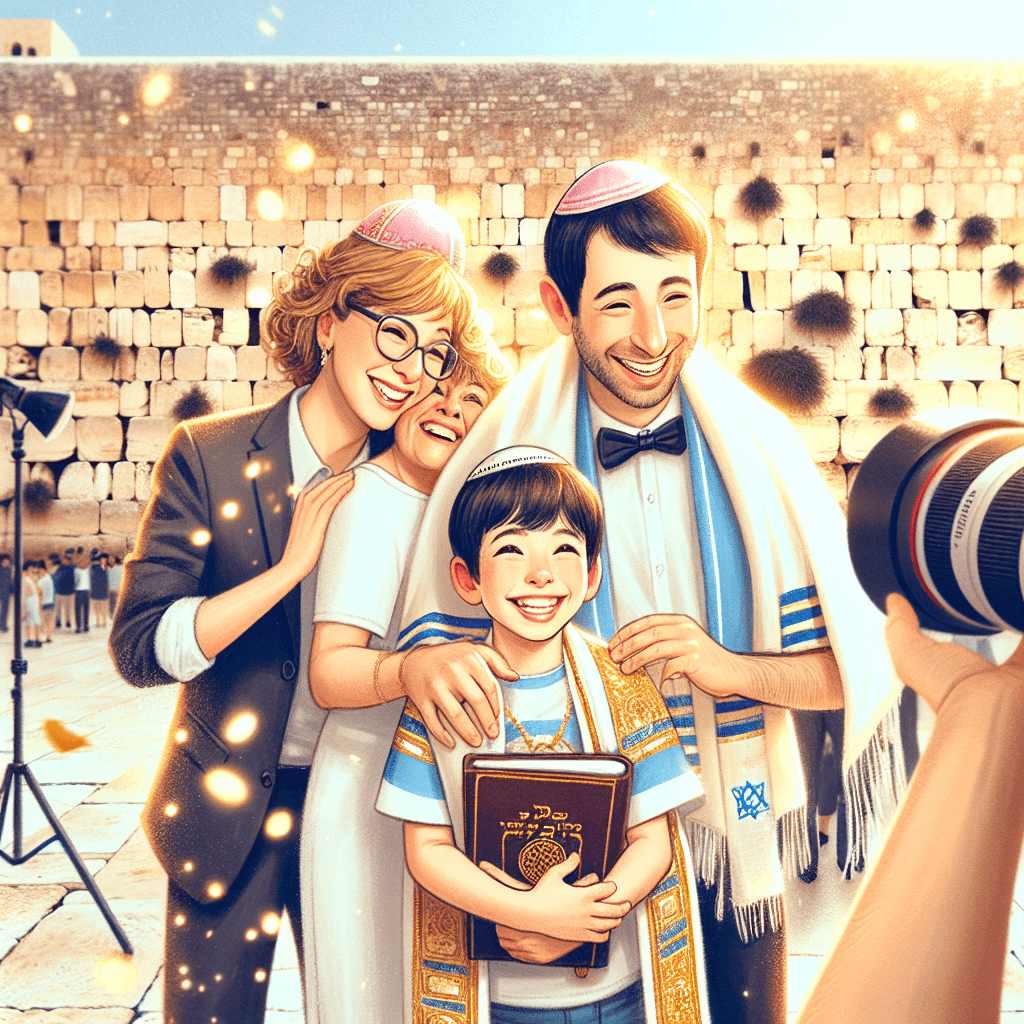 נער חוגג בר מצווה עטור תפילין בכותל המערבי, מוקף במשפחתו וצלם מקצועי המתעד את המעמד, עם אבני הכותל ברקע – אווירה חגיגית וקדושה המתאימה לצילום בר מצווה בכותל