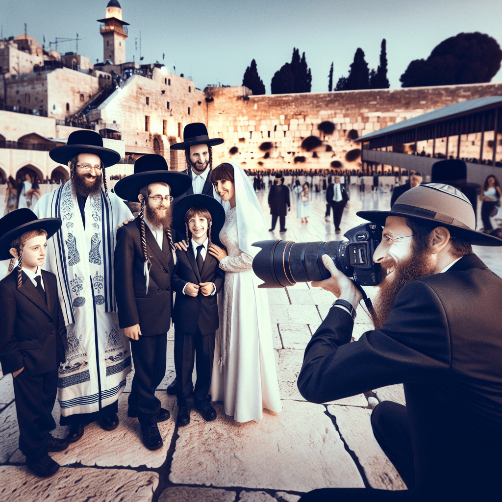 צלם חרדי בירושלים מצלם נער בר מצווה ומשפחתו בלבוש דתי בכותל המערבי, ברקע נוף העיר העתיקה, תמונה חגיגית ואומנותית לאירוע בר מצווה במגזר החרדי.