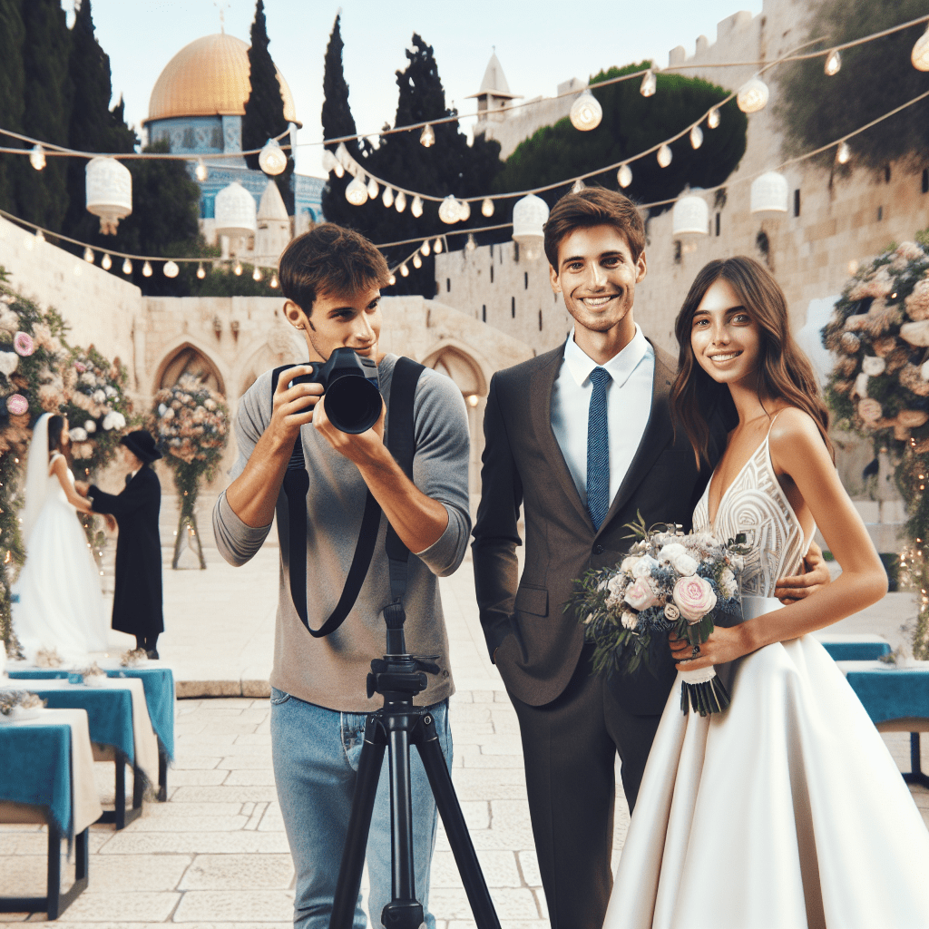 זוג חתן וכלה מצטלמים עם צלם סטילס מקצועי בחוץ, עם רקע ירושלמי, מסמלים חבילת צילום לחתונה וצלם חתונות בירושלים.