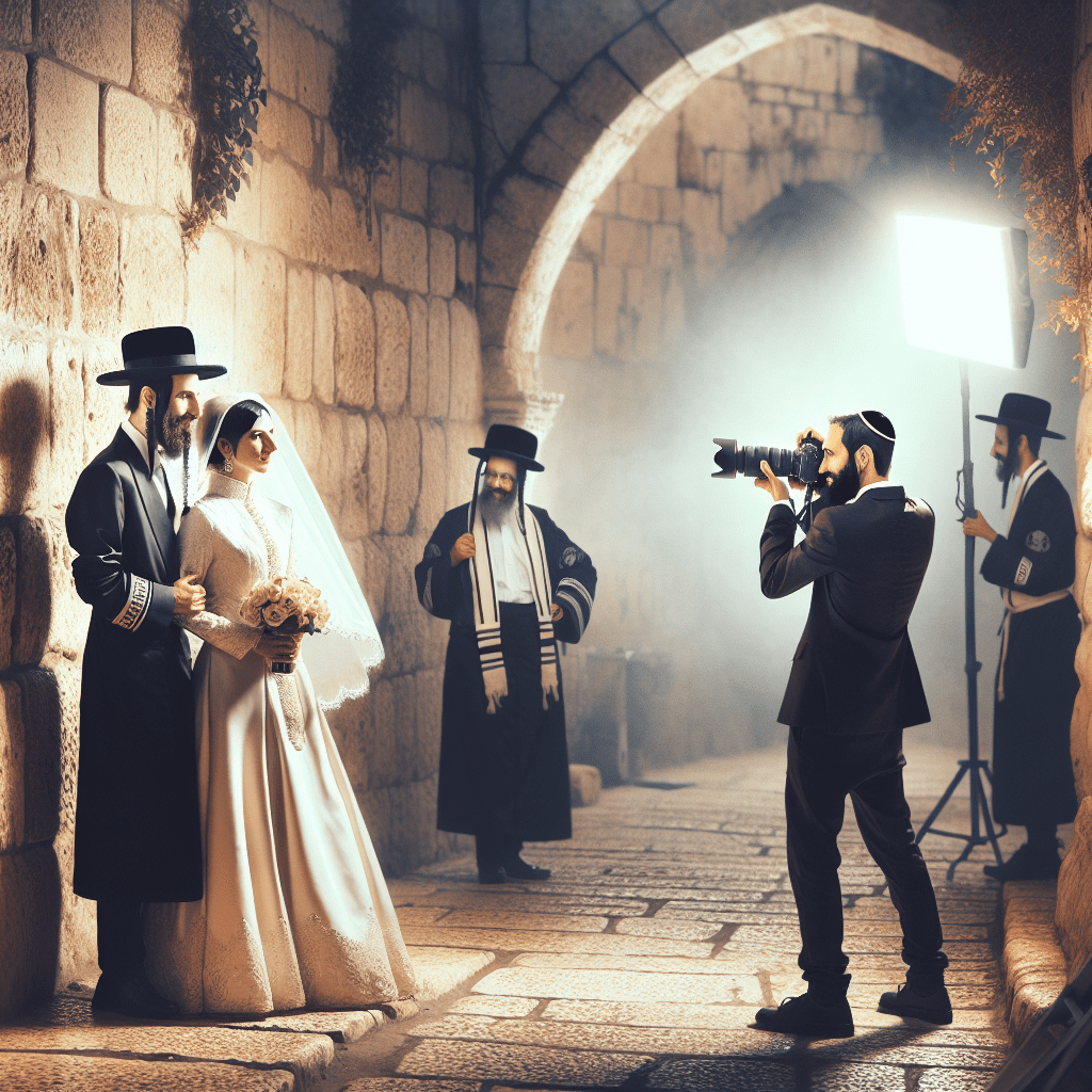 זוג חתן וכלה חרדים מצולמים בירושלים העתיקה ליד חומת אבנים מסורתית, כשצלם חתונות חרדי מקצועי במגזר הדתי מצלם אותם באווירה טבעית ואומנותית – מתאים למי שמחפש צלם חתונות חרדי מומלץ בירושלים