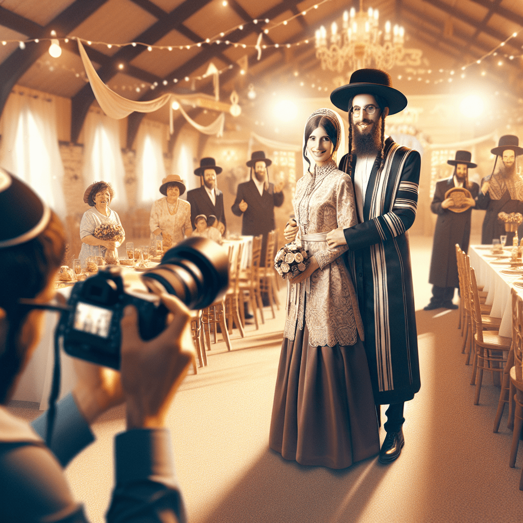 צלם חתונות חרדי מצלם זוג חתן וכלה בלבוש מסורתי באולם חתונה מהודר בציבור החרדי, עם אווירה חגיגית ומשפחות שמחות. תמונה להמחשת בחירת צלם חתונות מומלץ לציבור החרדי לשנת 2024.