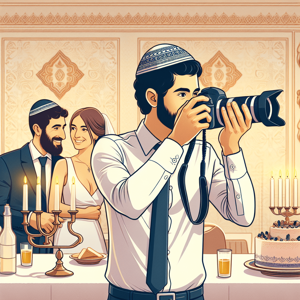 צלם דתי מקצועי עם כיפה מצלם זוג באירוע דתי חגיגי, תוך שמירה על אווירה יהודית מסורתית ומקצועית