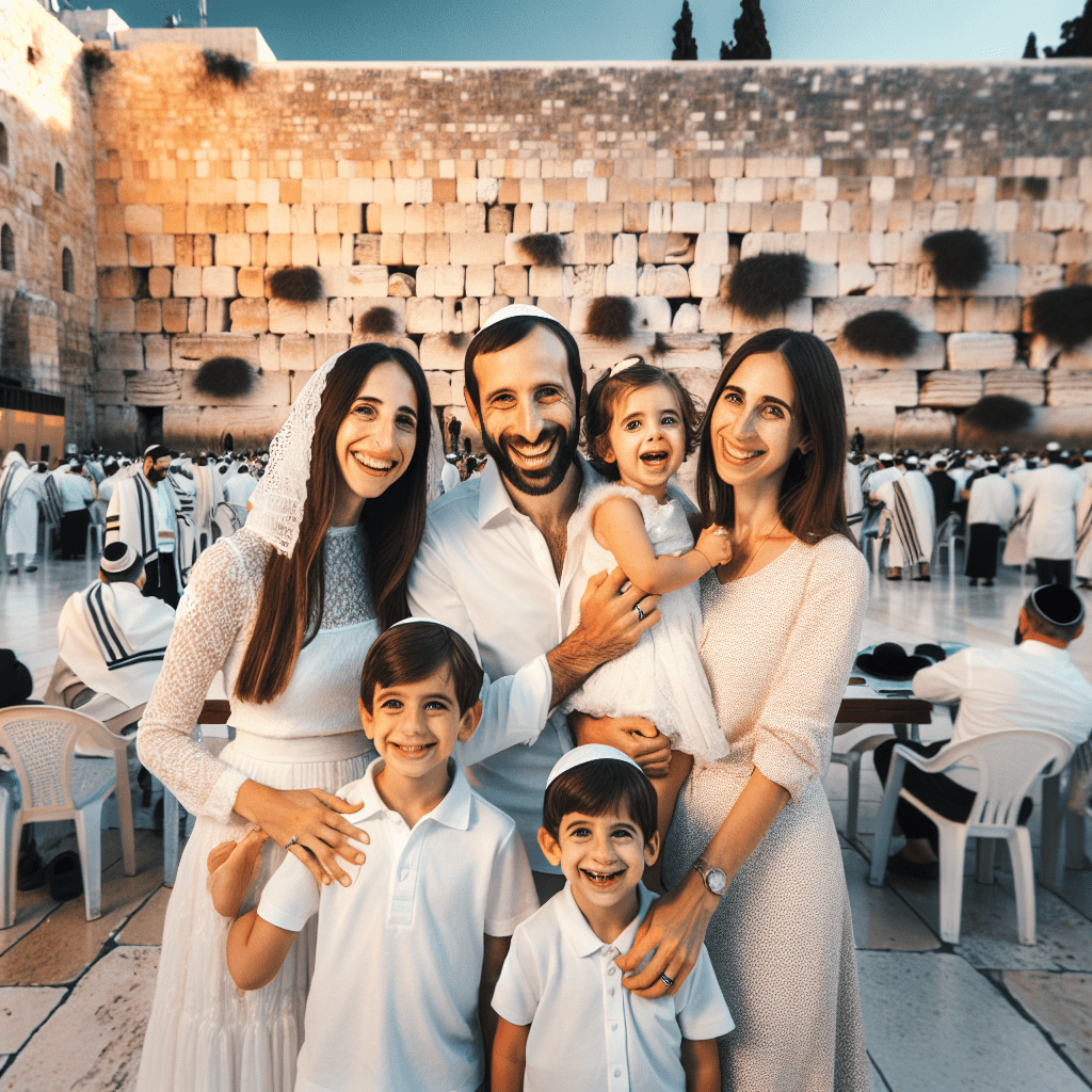 צילום משפחה מחייכת עם צלם מקצועי בכותל המערבי, ברקע האבנים הקדושות בירושלים – תמונה שממחישה שירותי צילום משפחות בכותל לאירועים יהודיים.
