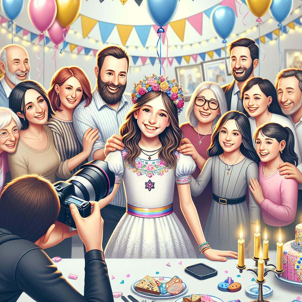 צלם בת מצווה מקצועי מתעד נערת בת מצווה מחייכת עם משפחתה וחבריה באירוע חגיגי, ברקע בלונים וקישוטים – צילום ממיכאל הצלם שממחיש חוויה ייחודית ובלתי נשכחת.