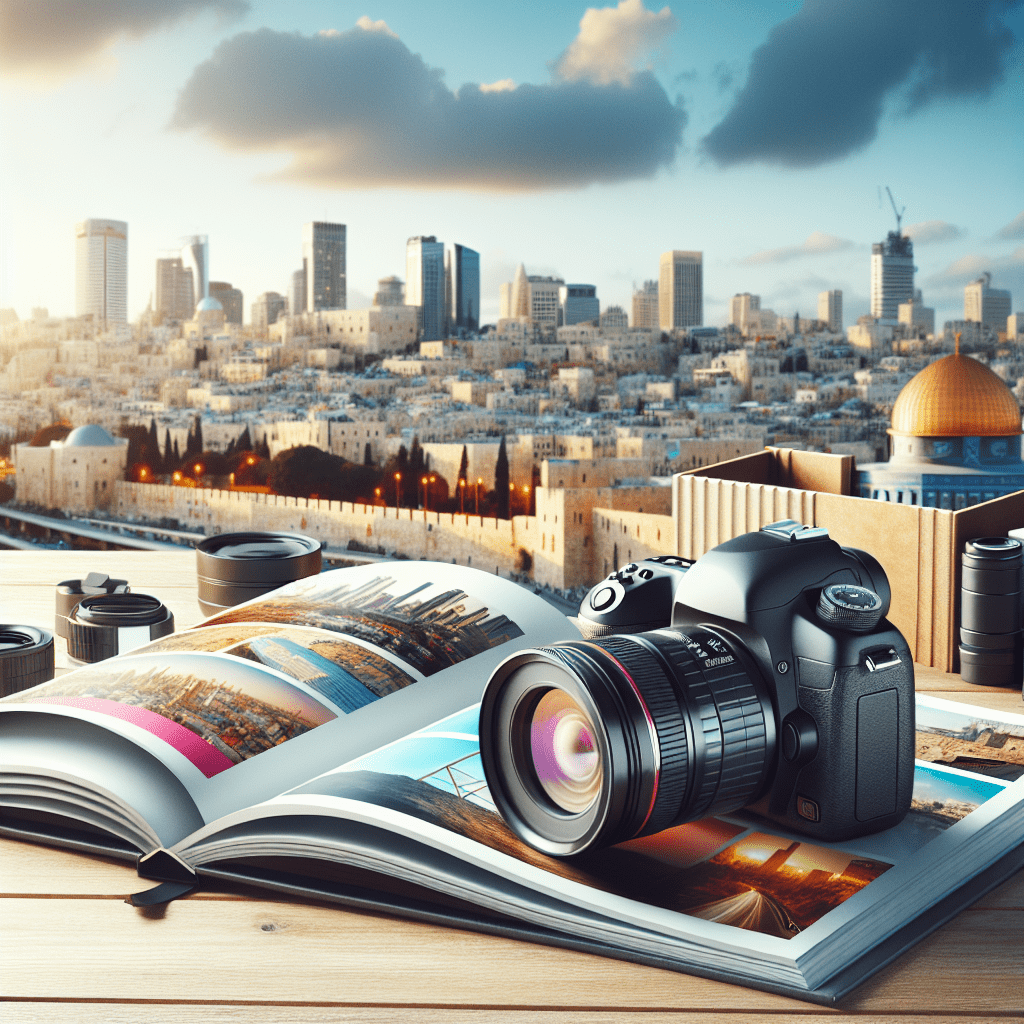 מצלמת DSLR מקצועית מונחת על שולחן עם ספר תמונות פתוח ואלמנטים של עריכת בוק בת מצווה, ברקע נוף עירוני של ירושלים