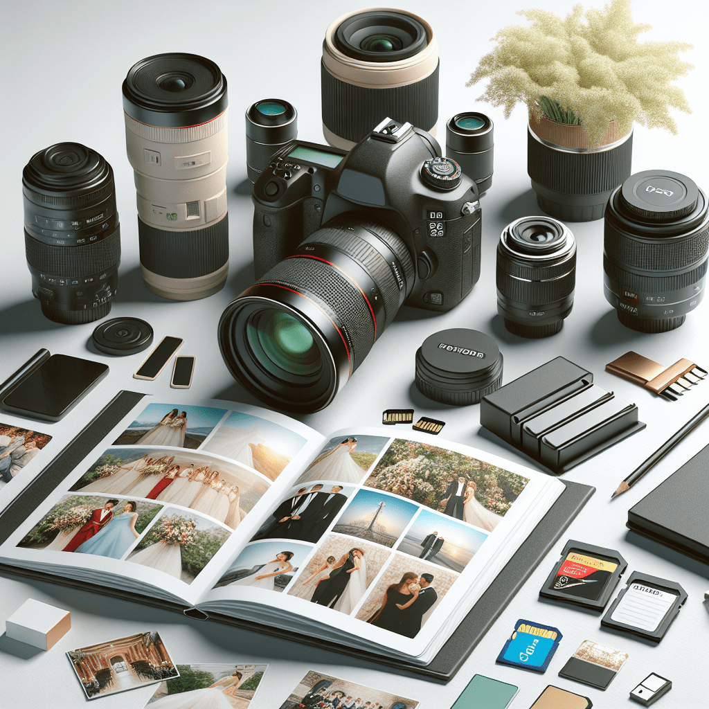 ציוד צילום סטילס מקצועי, כולל מצלמת DSLR, עדשות ואלבום תמונות פתוח עם תמונות מאירועים, מסודרים על רקע מודרני ומואר. משדר איכות ומקצועיות של צלם אירועים.